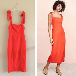 Capulet Camille Linen Blend Shoulder Tie Midi Dress in Tangerine Orange
